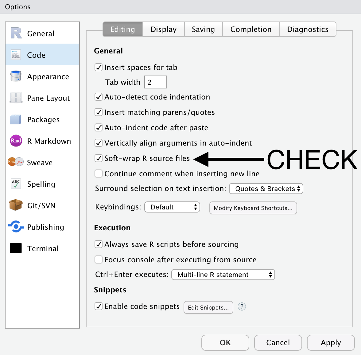In the Code menu check the box for “Soft-wrap R source files”